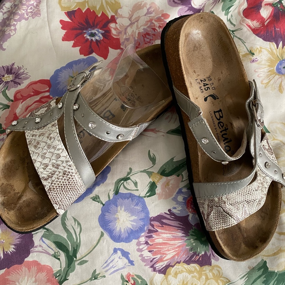 Birkenstock Silver and Cream Sandals